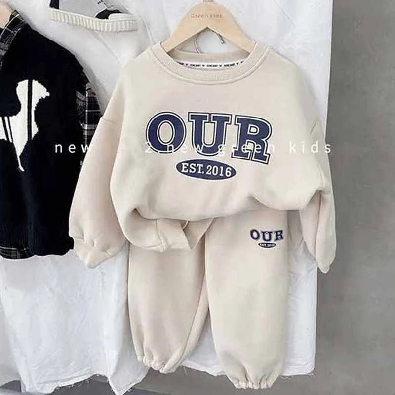 Spring Autumn Warm Boys Clothing Set Letter OUR Lined With Velvet Shirt+Pants 2Pcs Suit For Kids Children Outdoor Sports Suit