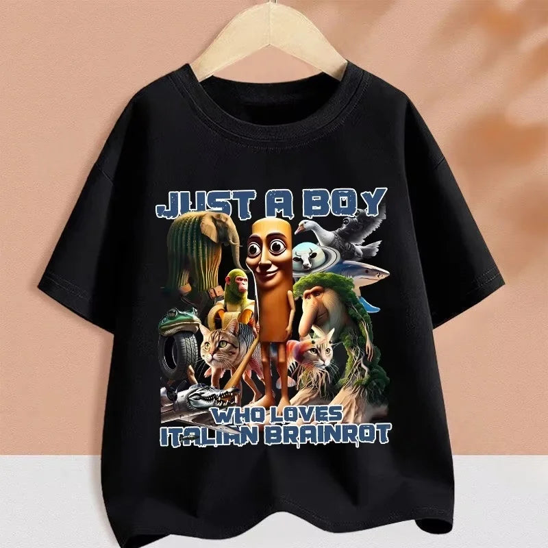 2025 Kids Clothes Funny Italian Brainrot T Shirt Cartoon Graphics Casual Vintage Boys Girls Short Sleeve Top Children's Clothing