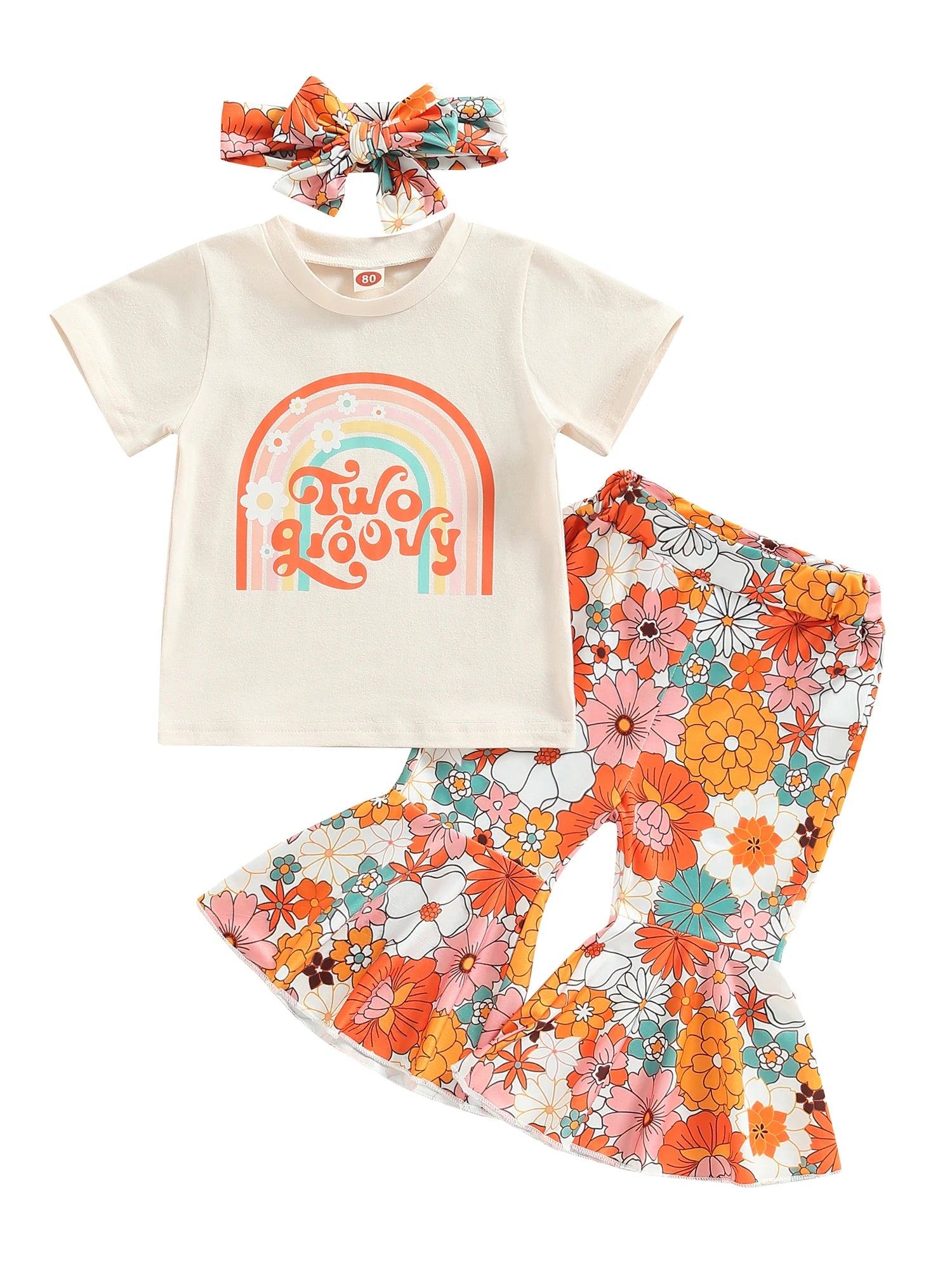 2-3T Toddler Baby Girl Birthday Outfit Groovy One/Two Groovy Romper Shirts Flower Bell Bottoms Headband Boho Clothes