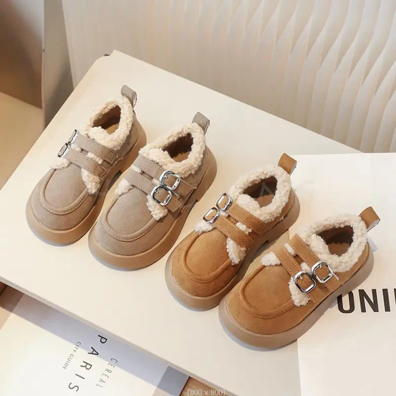 Autumn Winter Children Flats Shoes Solid Plush Warm Korean Style Girls Princess Casual Shoes Soft Bottom Furry Kids Cotton Shoes