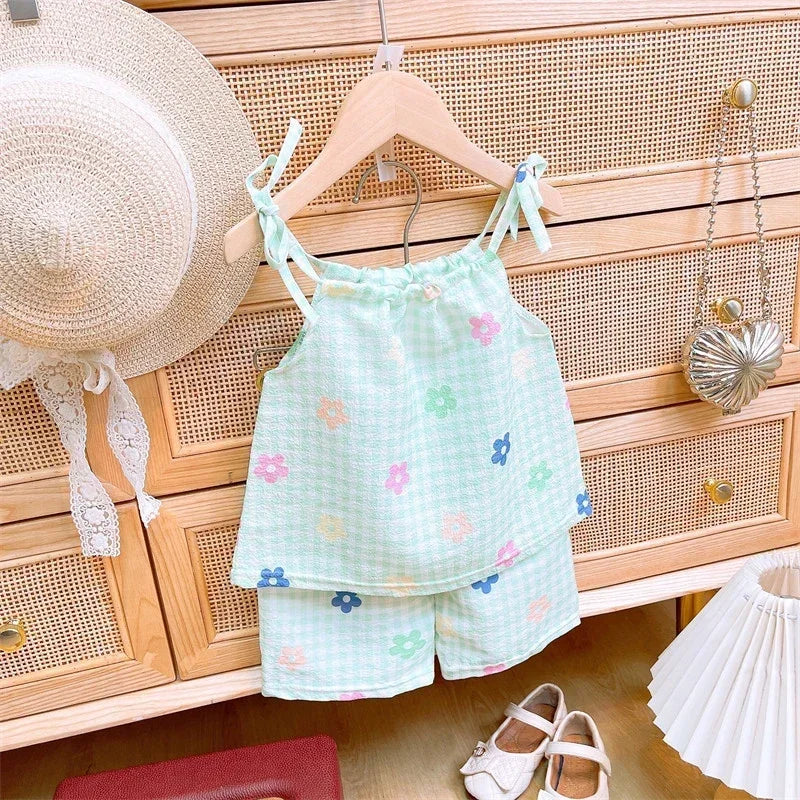 ‌2025 Summer Girls 1-8 Years Floral Sleeveless Dress Set + Korean Style Soft Top & Shorts Cute Casual Beach Outfits‌
