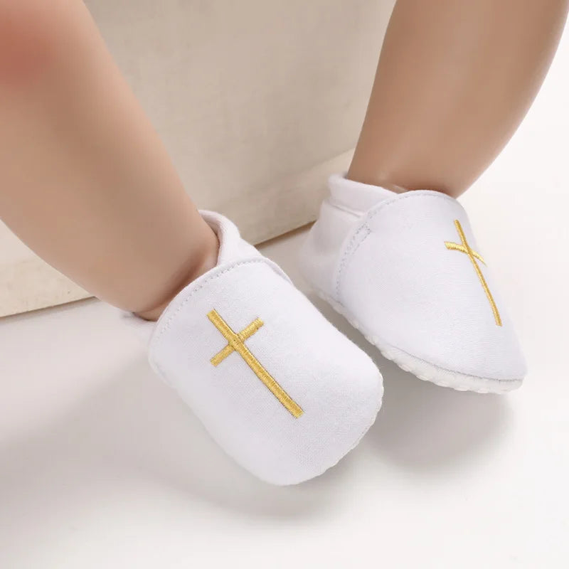 Newborn Baby White Baptism Shoes Soft Anti-slip Toddler Boy Girl Christening Golden Church Cross Soled Infant First Walker Shoes