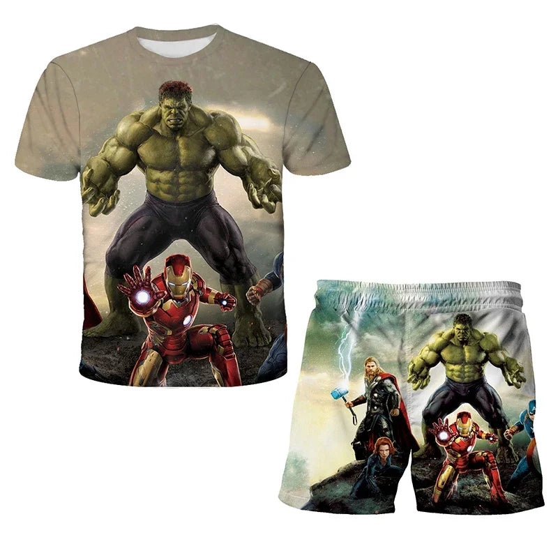 Boys Summer Spider-Man Marvel Hulk Iron Man Spiderman 2 Piece Set Breathable Tshirt & Shorts
