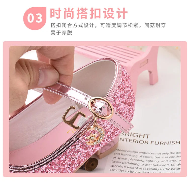 Girls Shoes Children High Heel Glitter Crystal Sandals Fashion Buckle Kids Princess Dance Shoe Student Performance Leather Shoes - Idrilay 