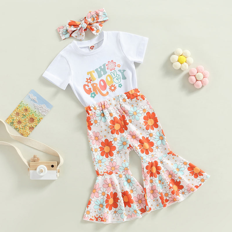 2-3T Toddler Baby Girl Birthday Outfit Groovy One/Two Groovy Romper Shirts Flower Bell Bottoms Headband Boho Clothes
