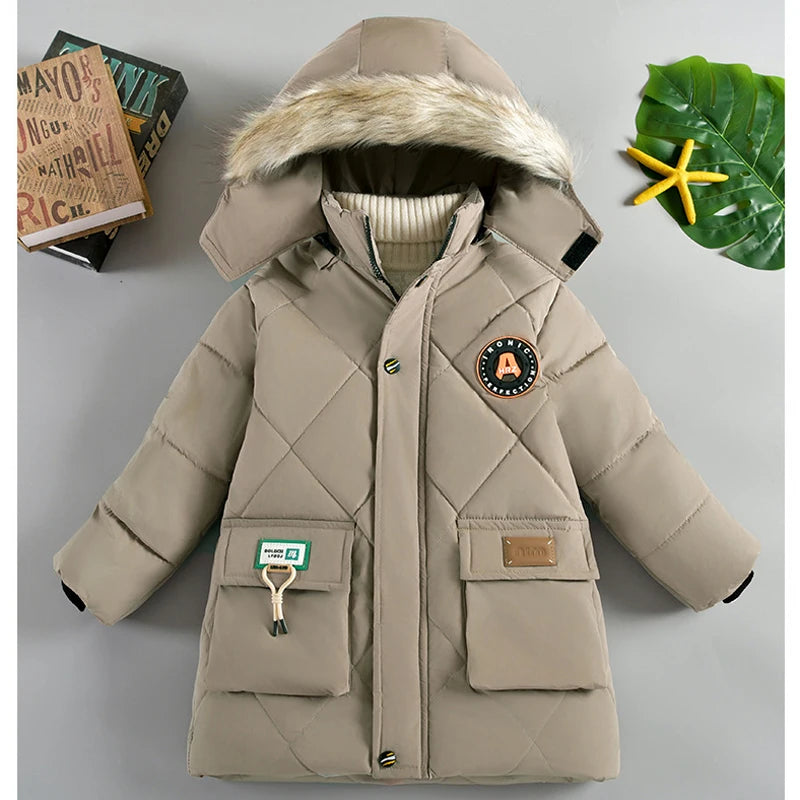 2025 Winter New Boys Jacket Solid Color Lining Plush Keep Warm Fur Collar Hooded Zipper Outerwear For 4-10Y Teen Kids Snowsuit