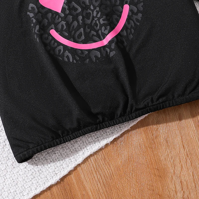 2024 New Children's Fashion Clothes Sets For Kids Girl Black Smiley T-shirt And Rose Red Pleated Skirt High Quality Korean Style - Idrilay 