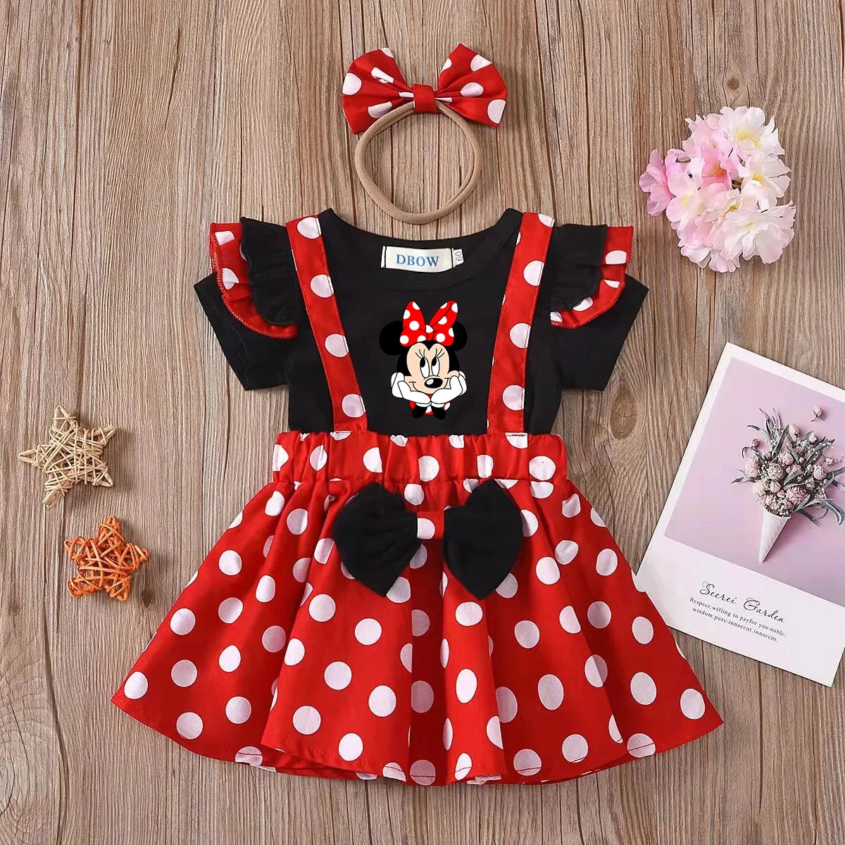 2Pcs/Set Mickey Minnie Mouse Children Outfit Baby Girls Summer Evening Kids Dots Tops Skirt Cosplay Dress with Headband Bow