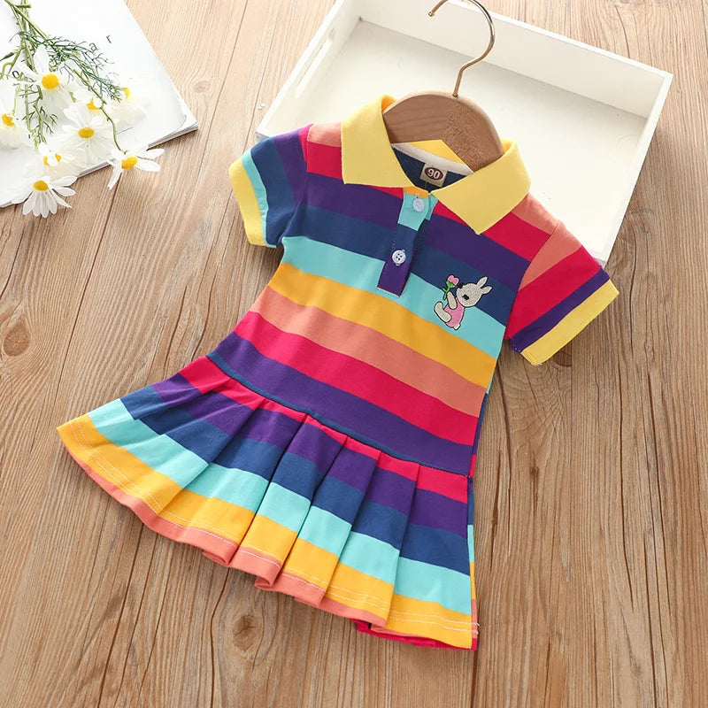 Girl's Summer fashion cute short sleeve  cartoon  rabbit embroidered rainbow strip baby girl princess dress - Idrilay 