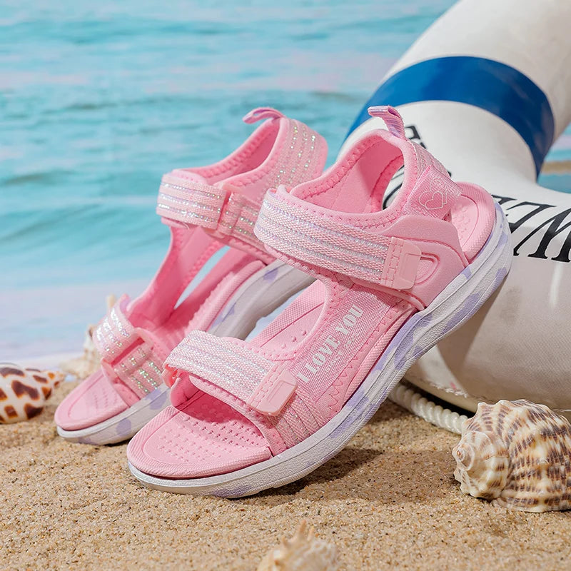 Sandals Girls Soft Soles Casual Shoe Fashionable Princess Shoes New Flowers Pink Flat Shoes  Brand Non-slip Beach Shoes Children