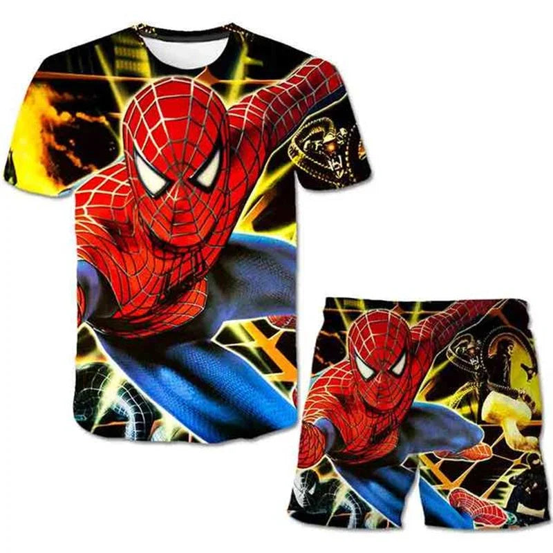 Boys Summer Spider-Man Marvel Hulk Iron Man Spiderman 2 Piece Set Breathable Tshirt & Shorts
