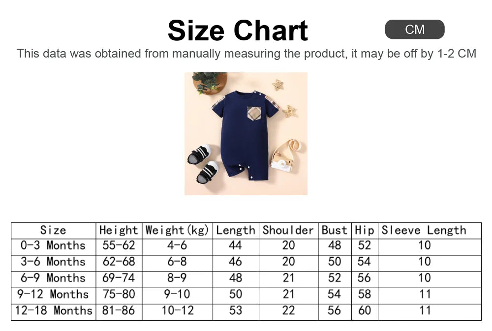 PatPat Baby Boy 95% Cotton Plaid Spliced Short-sleeve Romper Suitable for Summer Season Soft and Comfortable