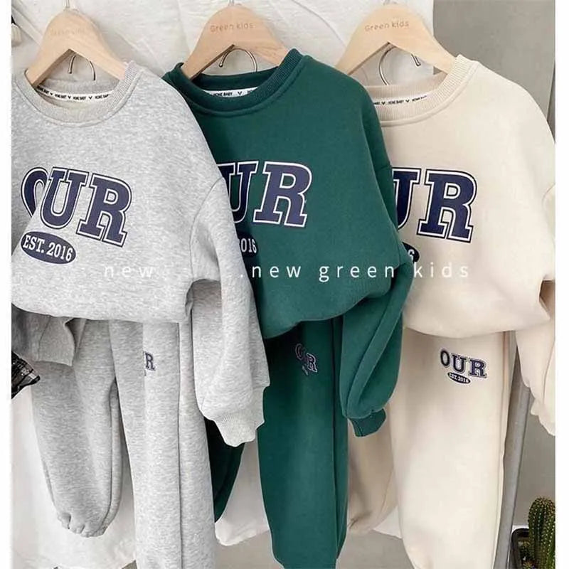 Spring Autumn Warm Boys Clothing Set Letter OUR Lined With Velvet Shirt+Pants 2Pcs Suit For Kids Children Outdoor Sports Suit