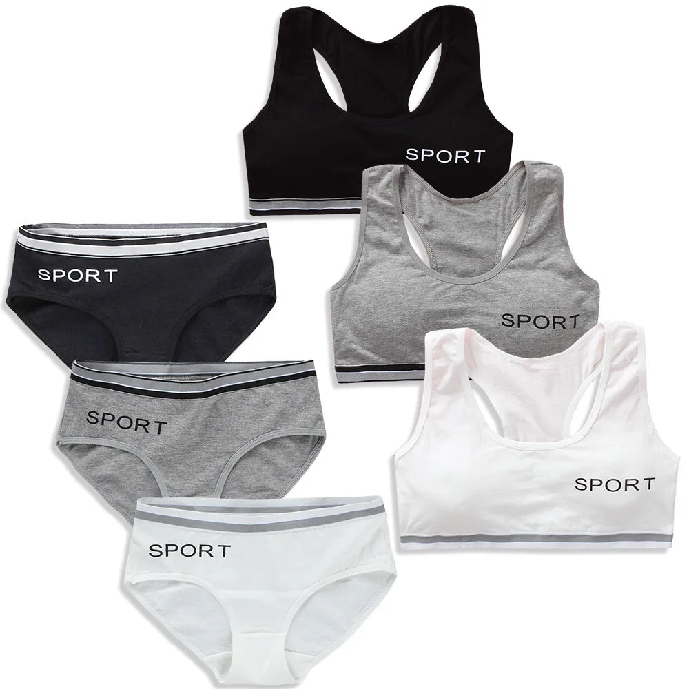 8-18Y Teenage Girls Training Bras Panties Student Kids Cotton Underwear Sets Young Children Padded Bra Vest+Panties Underclothes