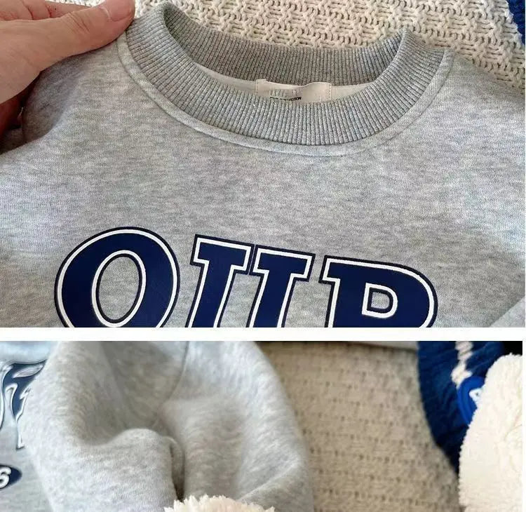 Spring Autumn Warm Boys Clothing Set Letter OUR Lined With Velvet Shirt+Pants 2Pcs Suit For Kids Children Outdoor Sports Suit