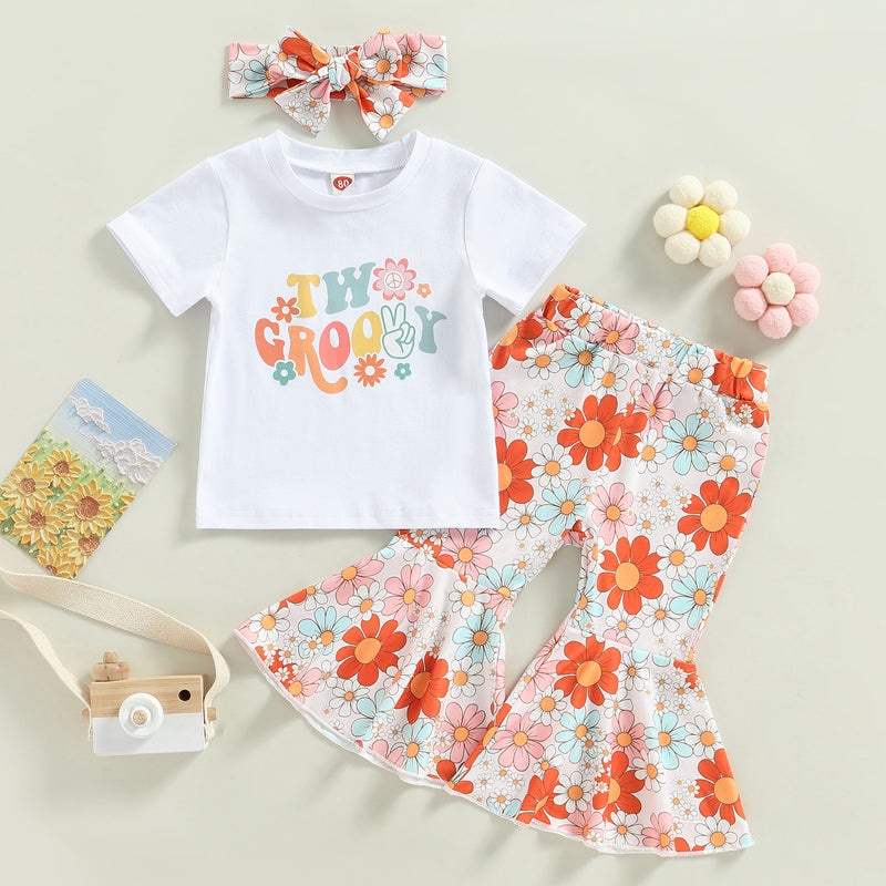 2-3T Toddler Baby Girl Birthday Outfit Groovy One/Two Groovy Romper Shirts Flower Bell Bottoms Headband Boho Clothes