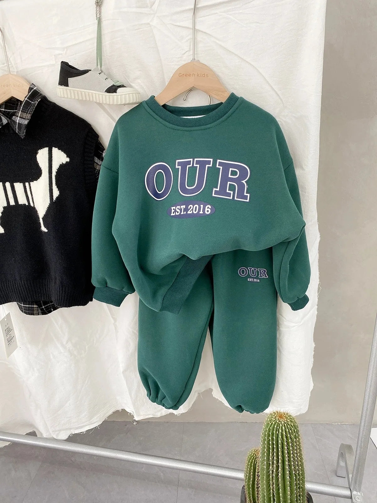 Spring Autumn Warm Boys Clothing Set Letter OUR Lined With Velvet Shirt+Pants 2Pcs Suit For Kids Children Outdoor Sports Suit