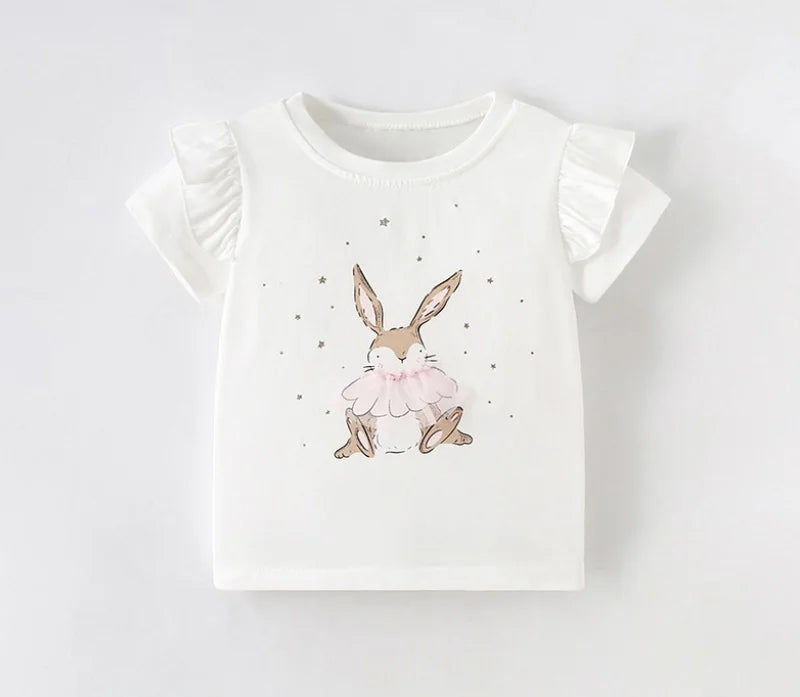 2026 Summer New Arrival 2 3 4 5 6 8 10 Years Kids Children Flower Print Baby Top Basic Cartoon Cotton Girls Short-Sleeve T-Shirt