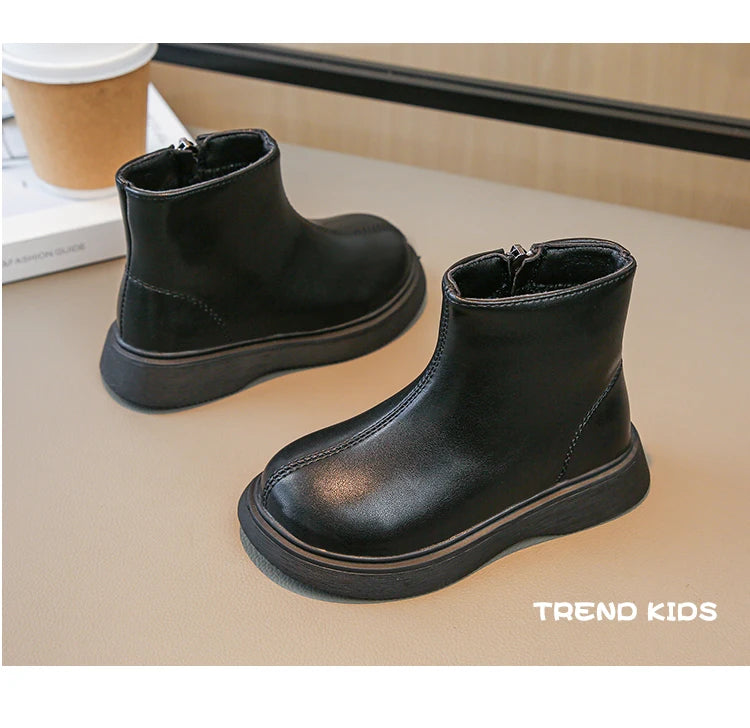 Children Fashion Boots Simple Girls Ankle Boot Black Kids Short Leather Boots Side Zipper Thick Bottom Autumn Winter 2024 New - Idrilay 