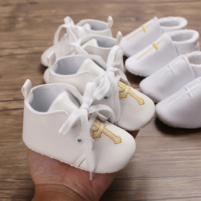 Newborn Baby White Baptism Shoes Soft Anti-slip Toddler Boy Girl Christening Golden Church Cross Soled Infant First Walker Shoes