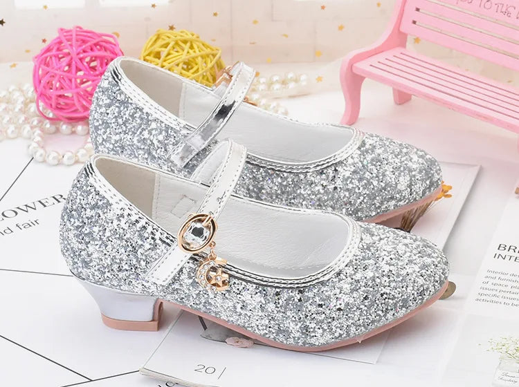 Girls Shoes Children High Heel Glitter Crystal Sandals Fashion Buckle Kids Princess Dance Shoe Student Performance Leather Shoes - Idrilay 