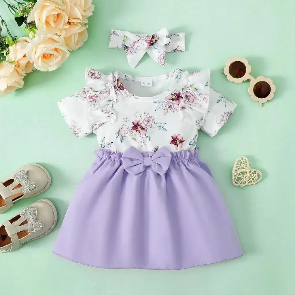 2PCS Baby Girl Clothes Set Floral Ruffle Short Sleeve Dress Head Wear Fashion Style Birthday Party Summer Wear for Suit 0-3 Year