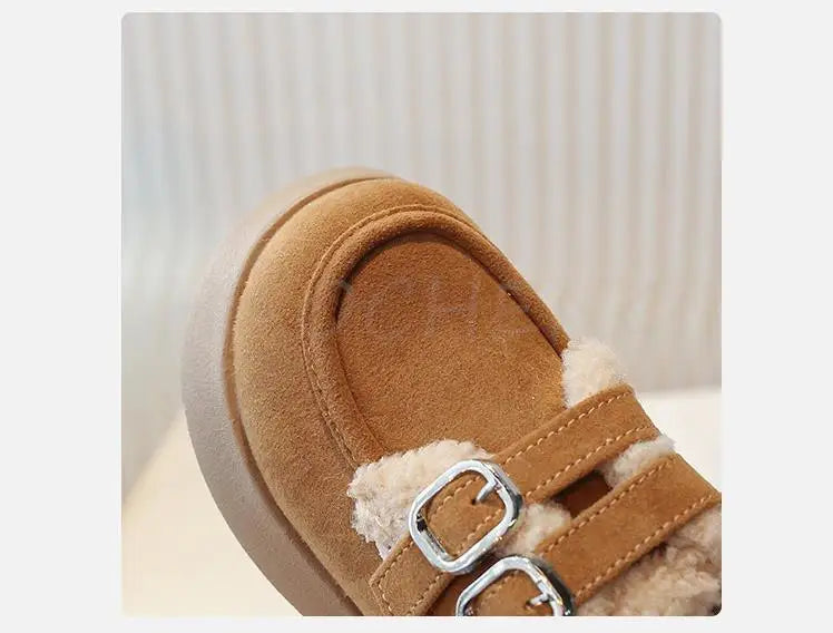 Autumn Winter Children Flats Shoes Solid Plush Warm Korean Style Girls Princess Casual Shoes Soft Bottom Furry Kids Cotton Shoes