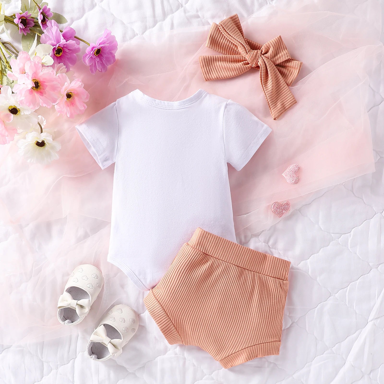 Newborn Girls Summer Letter Printed Jumpsuit With Short Sleeves And Shorts