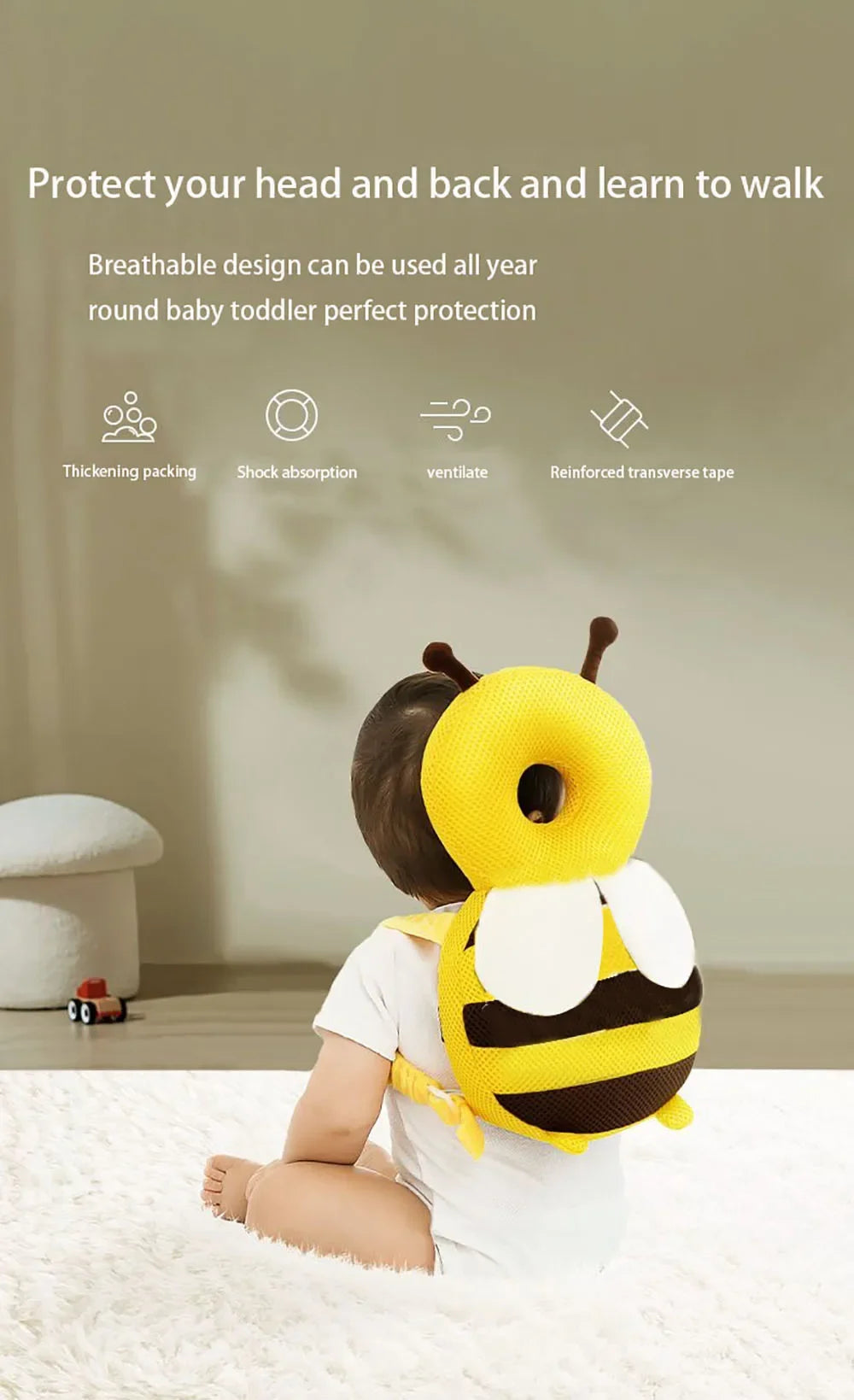 Baby Toddler Head Pillow Baby Learning To Walk Anti-fall Pillow Breathable Head Little Bee Head Protection Anti-fall Hat