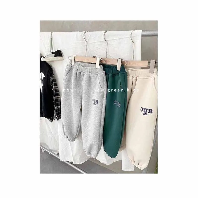 Spring Autumn Warm Boys Clothing Set Letter OUR Lined With Velvet Shirt+Pants 2Pcs Suit For Kids Children Outdoor Sports Suit
