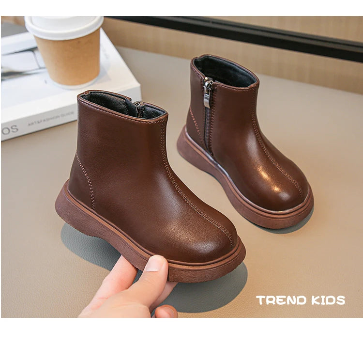 Children Fashion Boots Simple Girls Ankle Boot Black Kids Short Leather Boots Side Zipper Thick Bottom Autumn Winter 2024 New - Idrilay 