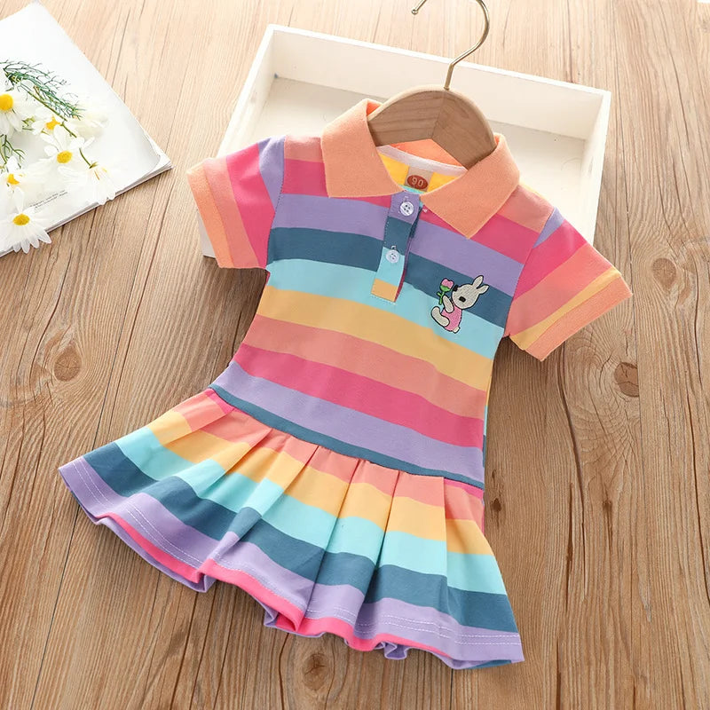 Girl's Summer fashion cute short sleeve  cartoon  rabbit embroidered rainbow strip baby girl princess dress - Idrilay 