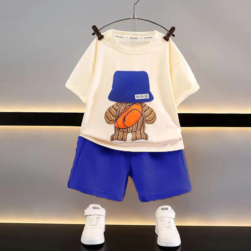 2PCS Summer Toddler Baby Boys Clothing Suits Short Sleeve Bear Backpack Printed T-Shirt Top+Shorts Outfits Children Casual Sets