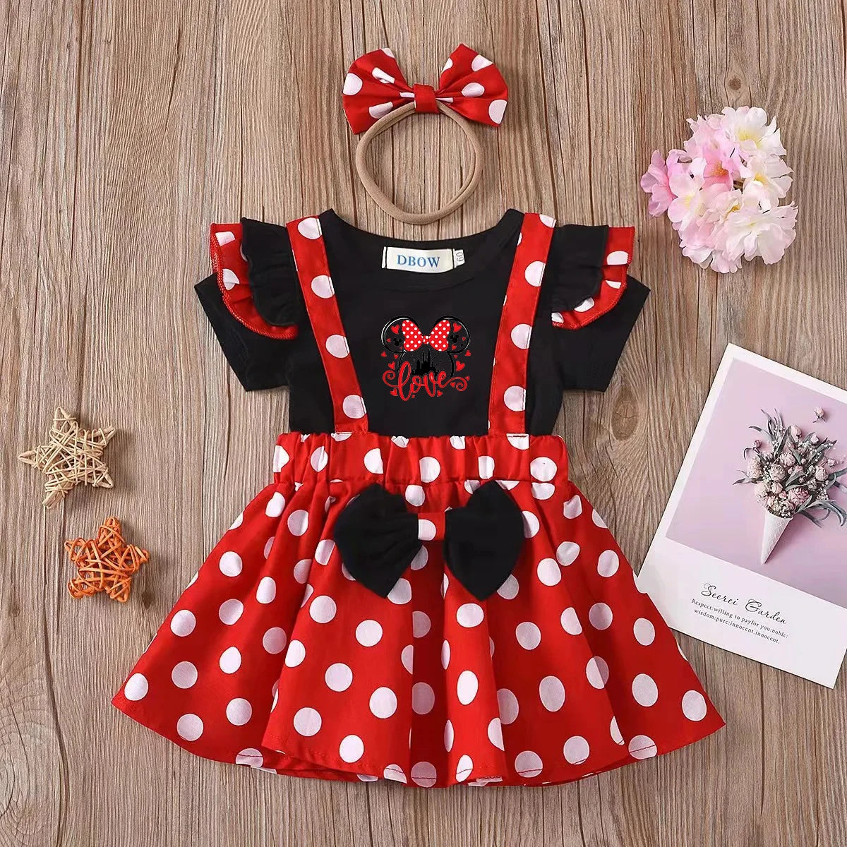2Pcs/Set Mickey Minnie Mouse Children Outfit Baby Girls Summer Evening Kids Dots Tops Skirt Cosplay Dress with Headband Bow
