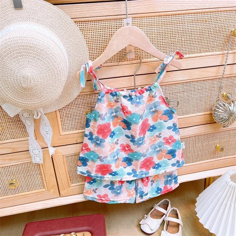 ‌2025 Summer Girls 1-8 Years Floral Sleeveless Dress Set + Korean Style Soft Top & Shorts Cute Casual Beach Outfits‌