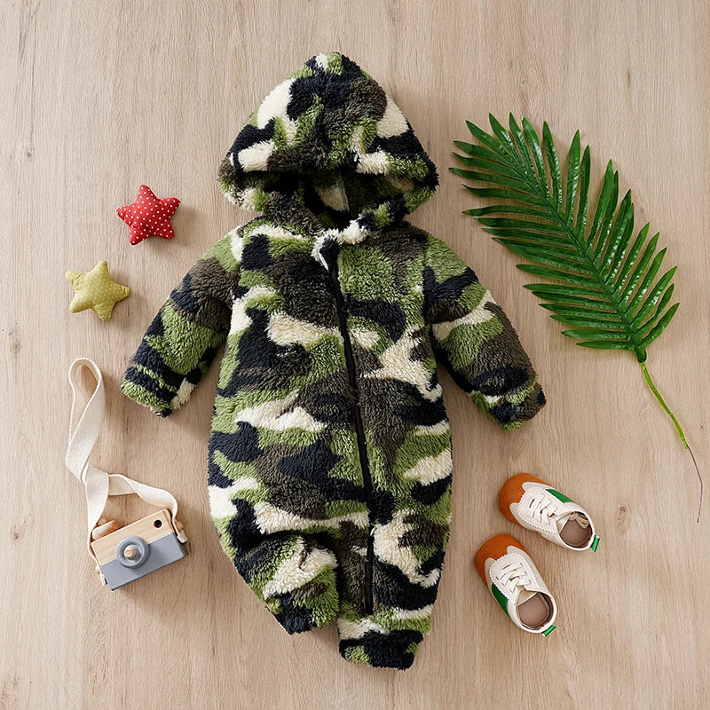 Winter Baby Boy Hoodie Plush Camouflage Style Fashionable Daily Suitable For Children Under 1 Year Old Jumpsuit