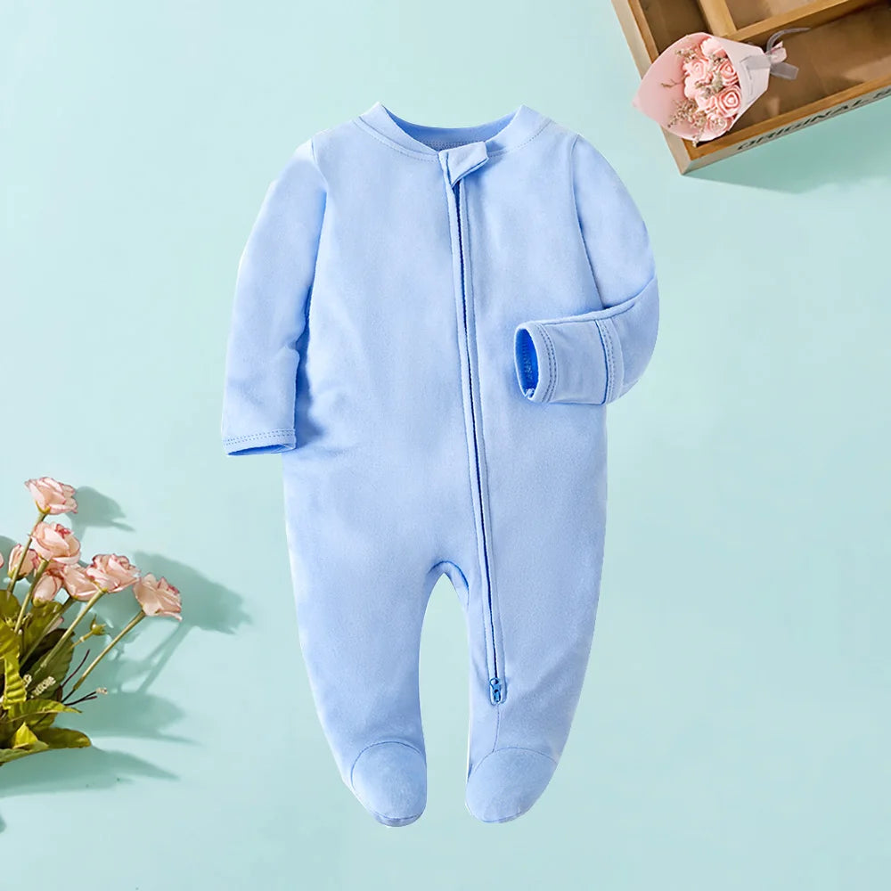 Spring Newborn Footed Pajamas Zipper Girl and Boy Romper Long Sleeve 0-12 Months Baby Clothe Jumpsuit Cotton Solid White Fashion