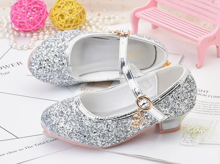 Girls Shoes Children High Heel Glitter Crystal Sandals Fashion Buckle Kids Princess Dance Shoe Student Performance Leather Shoes - Idrilay 