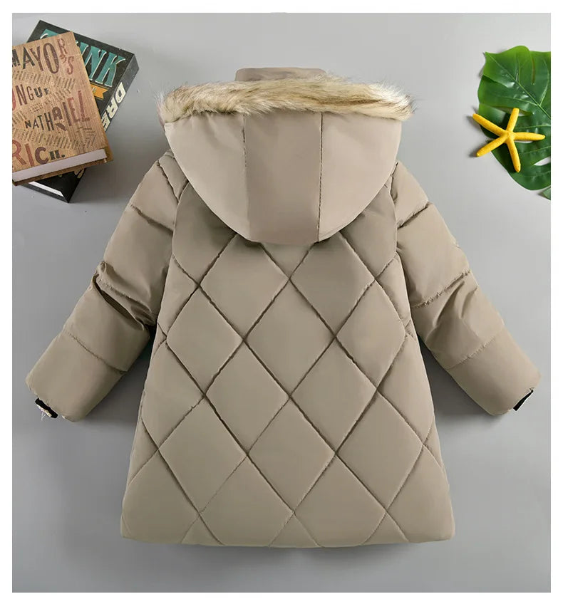 2025 Winter New Boys Jacket Solid Color Lining Plush Keep Warm Fur Collar Hooded Zipper Outerwear For 4-10Y Teen Kids Snowsuit