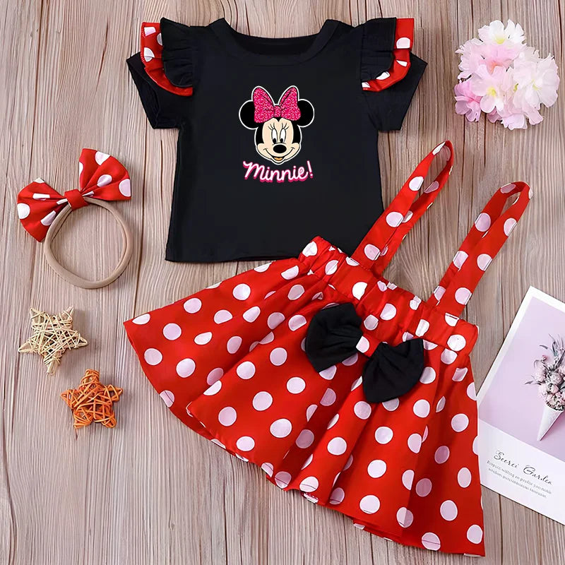 2Pcs/Set Mickey Minnie Mouse Children Outfit Baby Girls Summer Evening Kids Dots Tops Skirt Cosplay Dress with Headband Bow