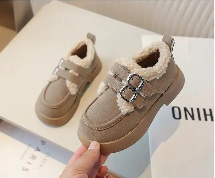 Autumn Winter Children Flats Shoes Solid Plush Warm Korean Style Girls Princess Casual Shoes Soft Bottom Furry Kids Cotton Shoes