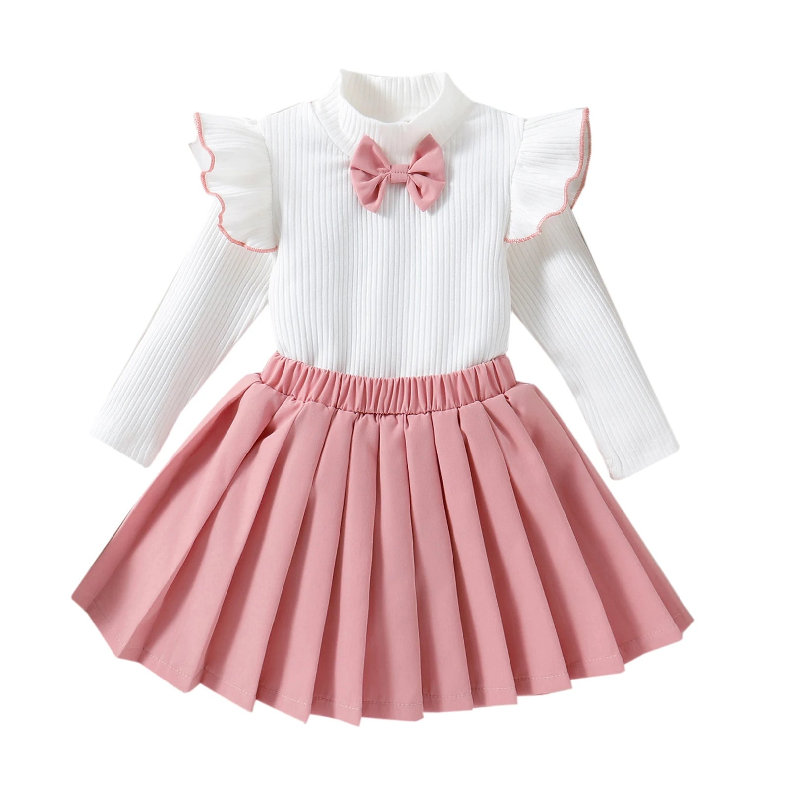 2PCS Fall Toddler Baby Girls Fashion Baby Clothes In White Flysleeve T+ Pink Pleated Skirt (Multi-Colored) Decorated With Bow