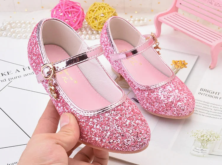 Girls Shoes Children High Heel Glitter Crystal Sandals Fashion Buckle Kids Princess Dance Shoe Student Performance Leather Shoes - Idrilay 