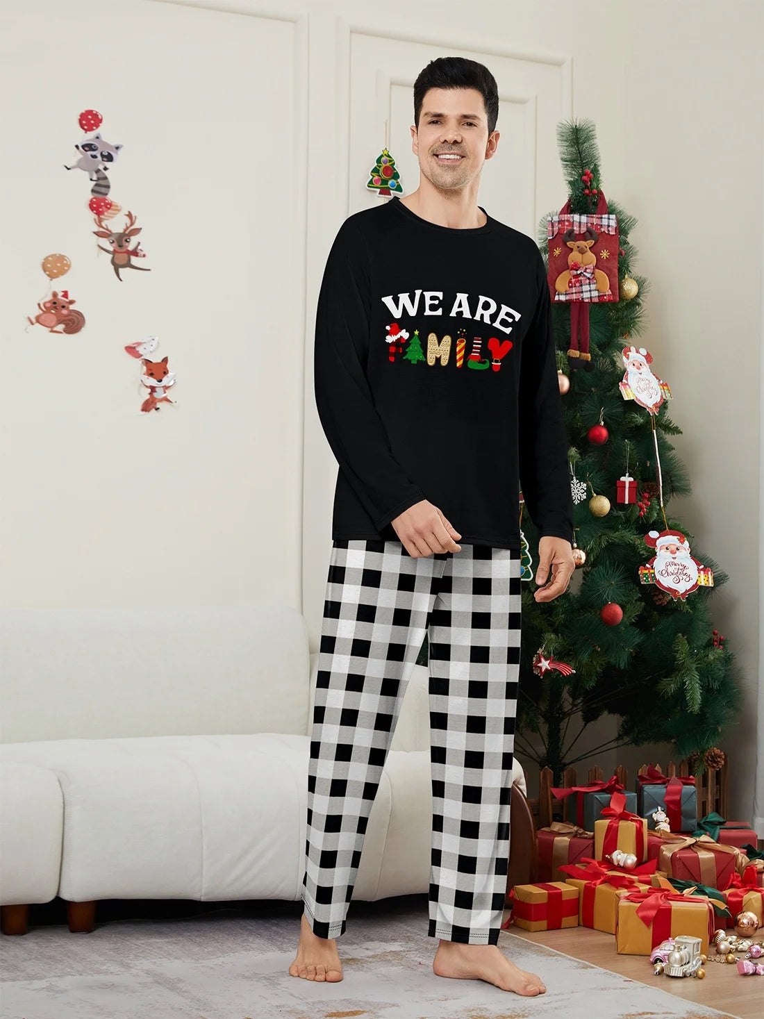 Happy New Year Family Matching Outfits Letter Plaid Print Parent-child 2 Pieces Suit Sleepwear Soft Loose Pajamas Set Xmas Wear