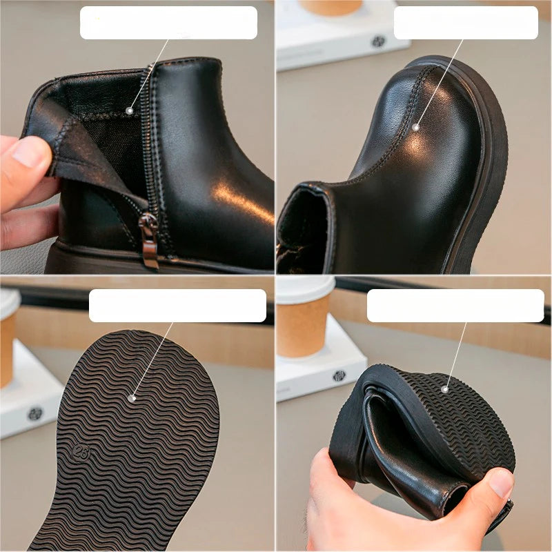 Children Fashion Boots Simple Girls Ankle Boot Black Kids Short Leather Boots Side Zipper Thick Bottom Autumn Winter 2024 New - Idrilay 