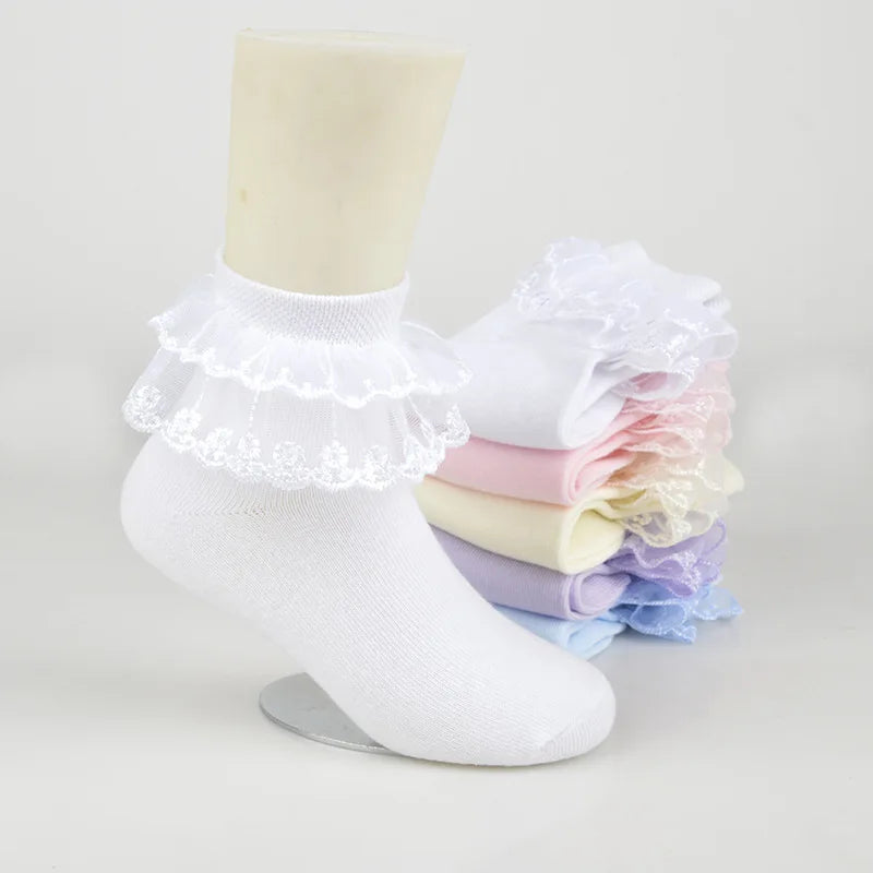 1Pairs Cotton Lace Ruffle Princess Mesh Breathable Socks Children Ankle Short Sock White Pink Blue Baby Girls Kids Toddler