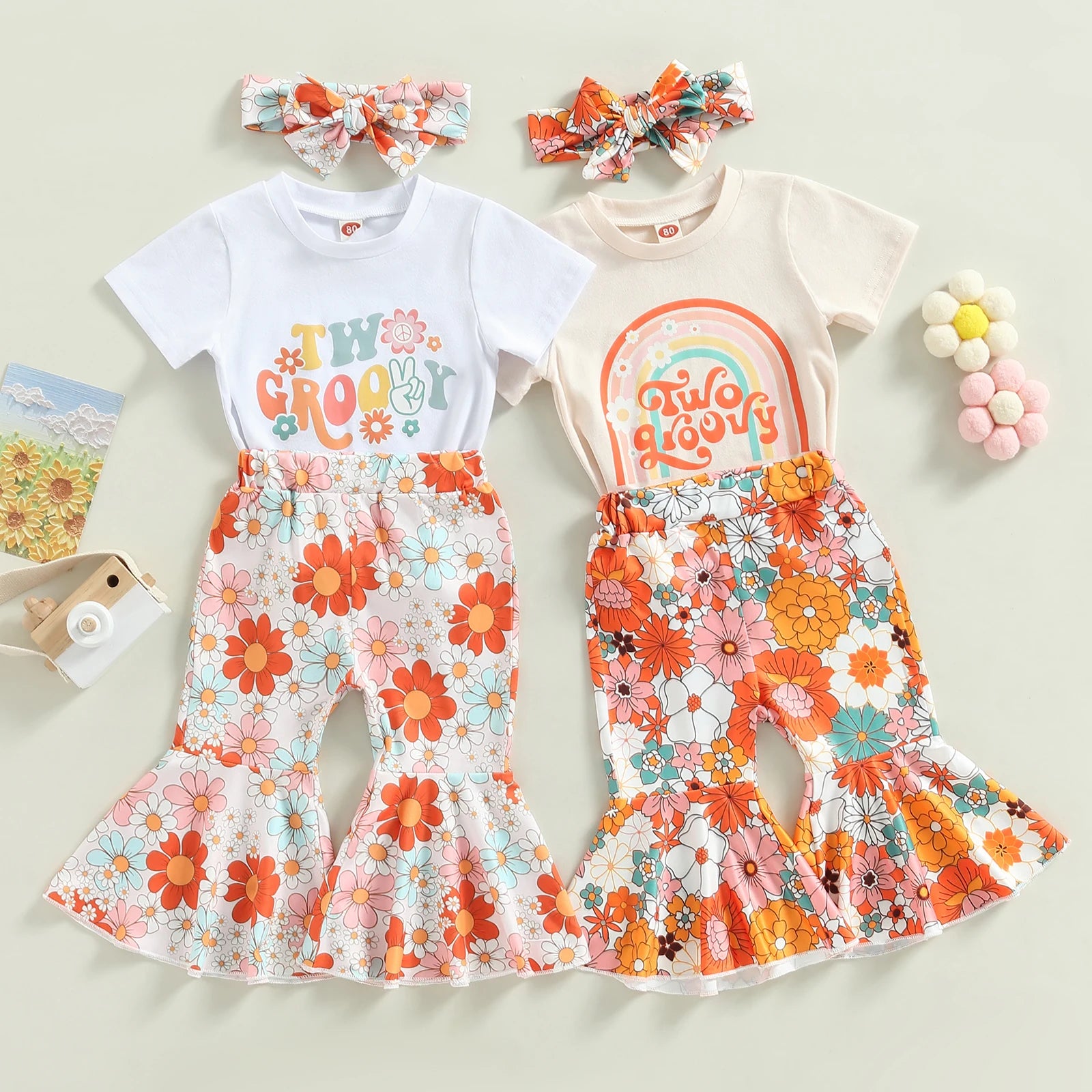 2-3T Toddler Baby Girl Birthday Outfit Groovy One/Two Groovy Romper Shirts Flower Bell Bottoms Headband Boho Clothes