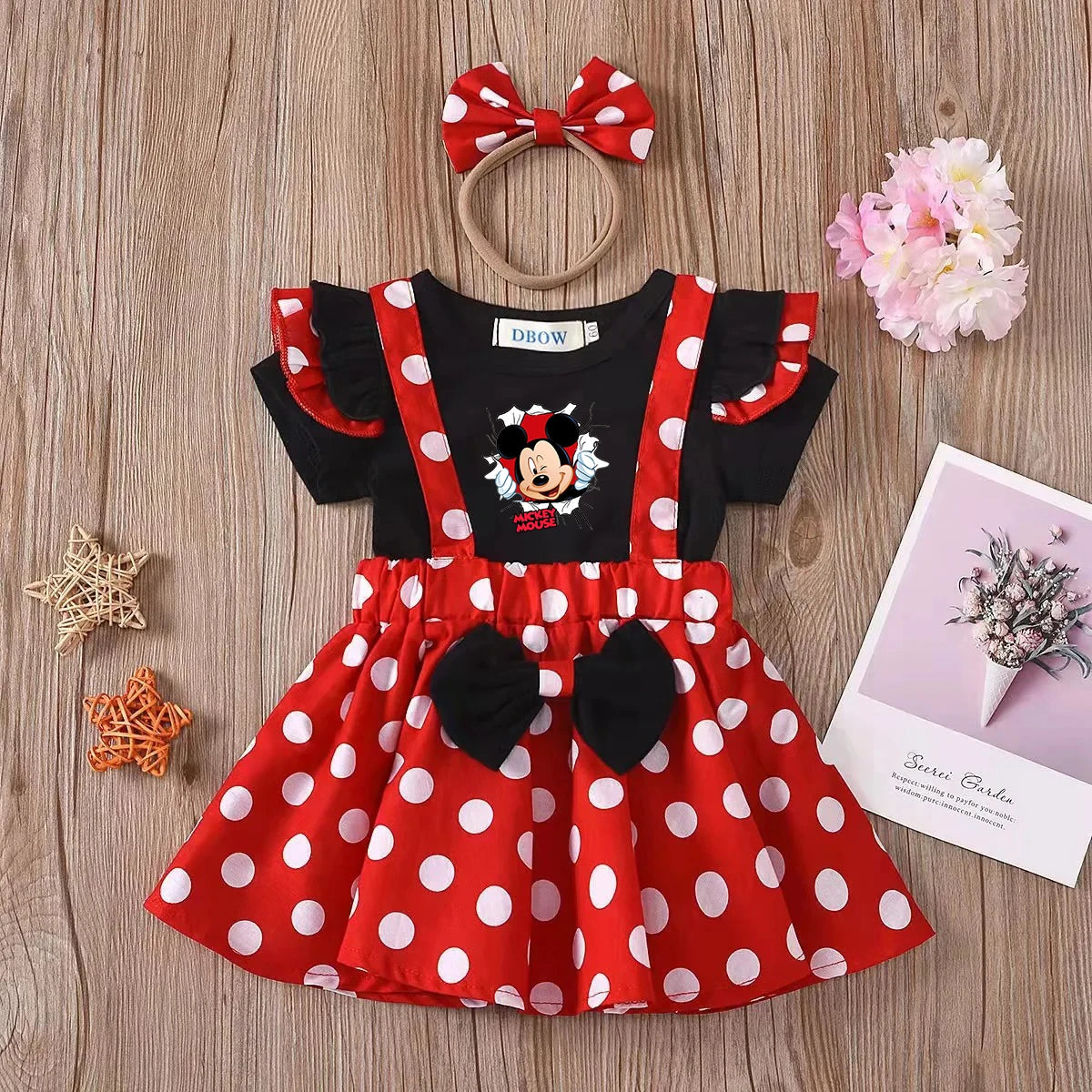 2Pcs/Set Mickey Minnie Mouse Children Outfit Baby Girls Summer Evening Kids Dots Tops Skirt Cosplay Dress with Headband Bow