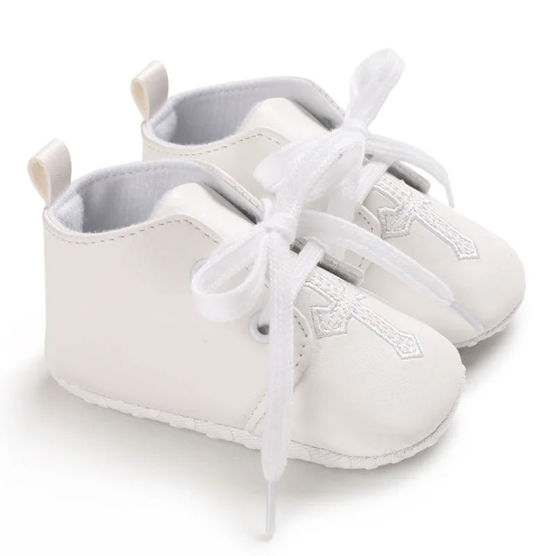 Newborn Baby White Baptism Shoes Soft Anti-slip Toddler Boy Girl Christening Golden Church Cross Soled Infant First Walker Shoes