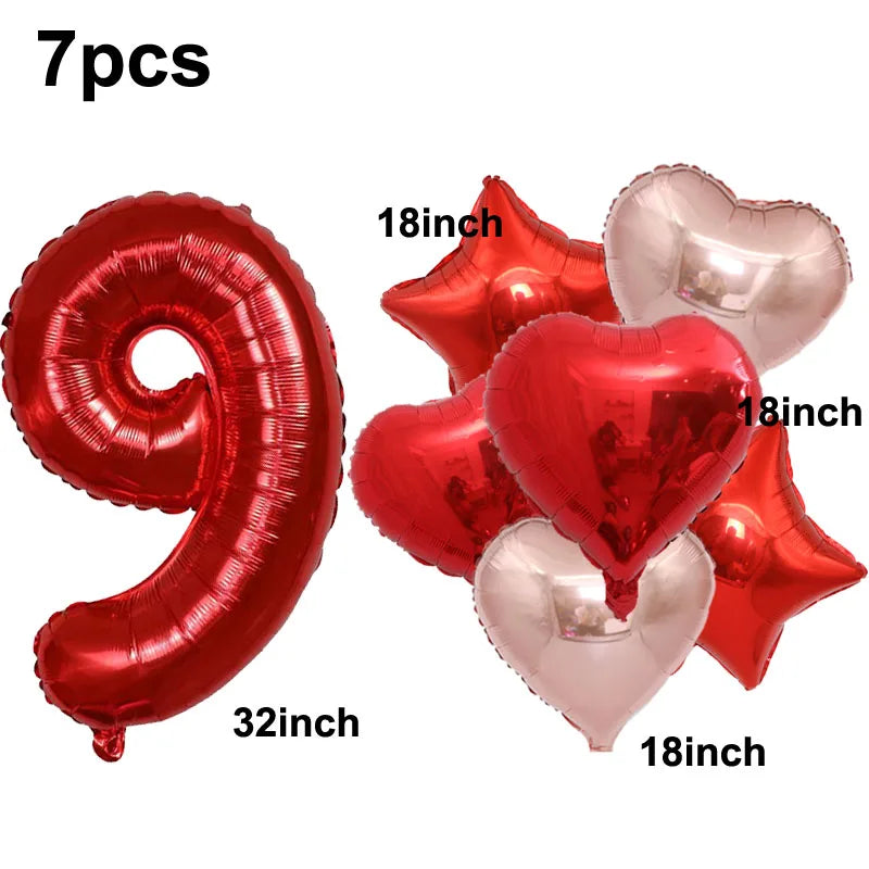 32inch Red 3 Number Balloon Heart Star Foil Balloon Valentine's day Balloon Decorations for Third Anniversary Valentine Party - Idrilay 